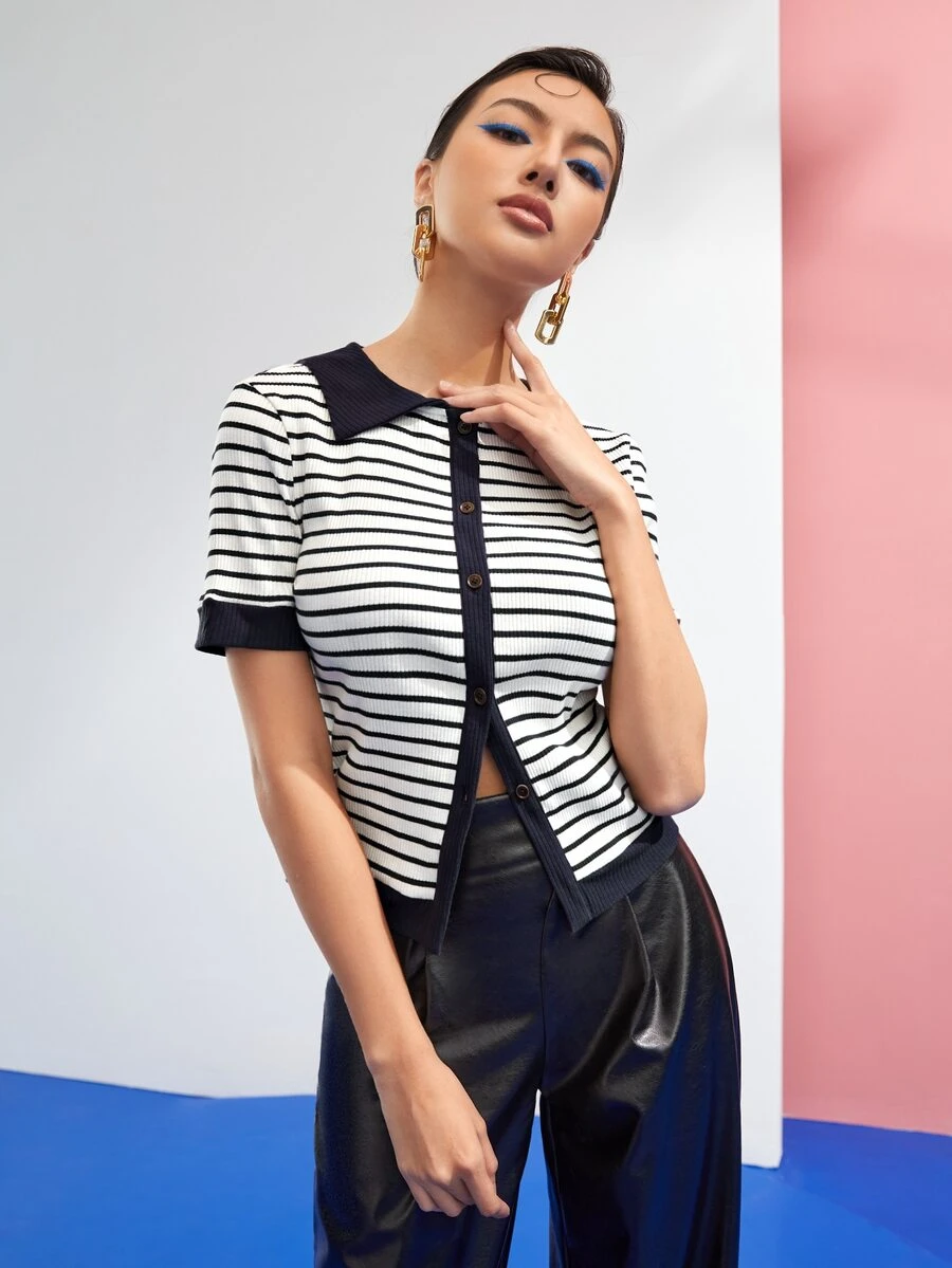 Emma Odda Striped Button Front Collared Top - Blue and White - View 1