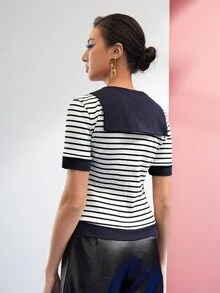 Emma Odda Striped Button Front Collared Top - Blue and White - View 2