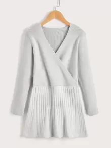 女孩交疊領素色毛衣裙 - 淺灰色 - 查看 1