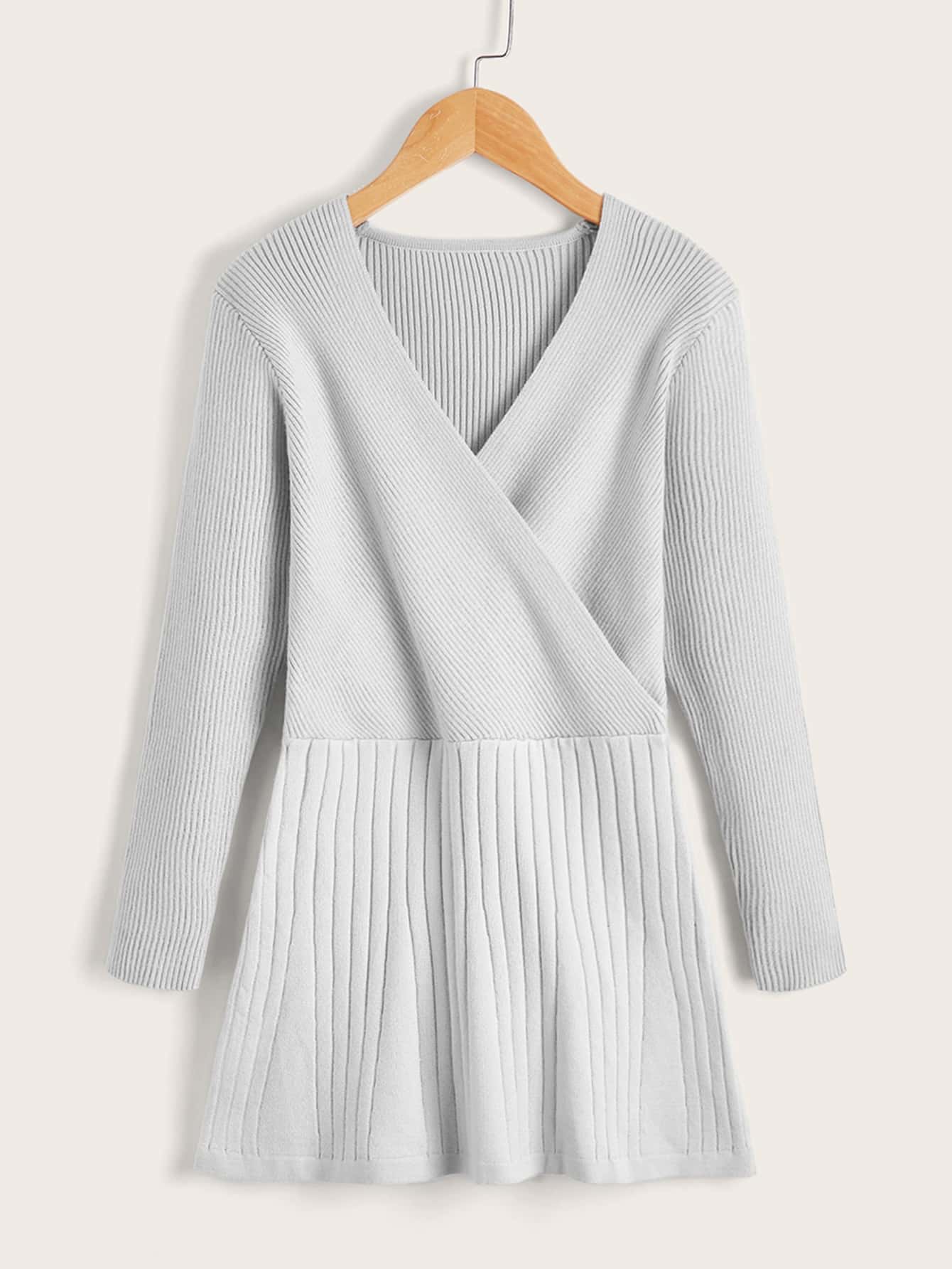 女孩交疊領素色毛衣裙 - 淺灰色 - 查看 1