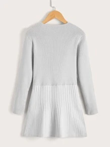 女孩交疊領素色毛衣裙 - 淺灰色 - 查看 2