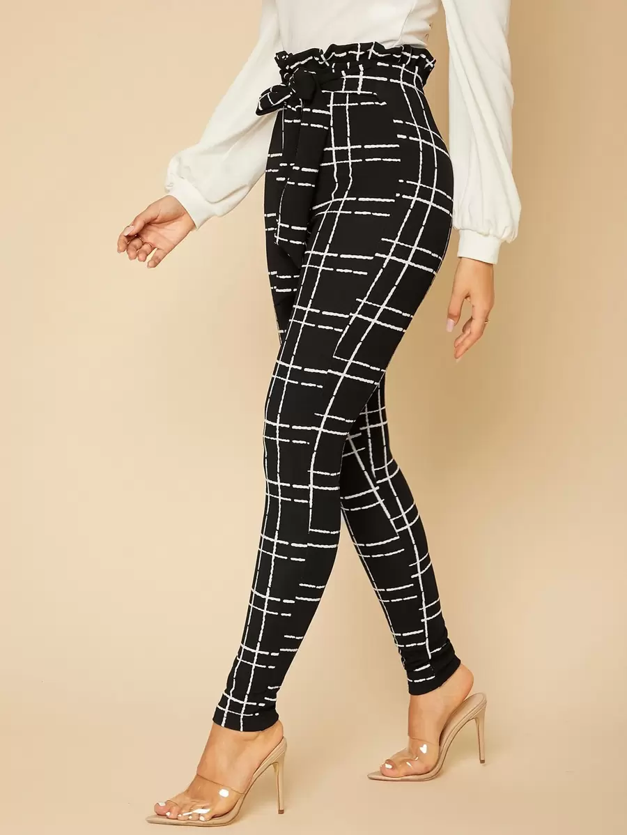 SHEIN Tall Plaid Paper Bag Waist Skinny Trousers