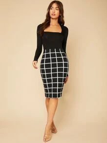 SHEIN Tall Plaid Bodycon Skirt - Black and White - View 3