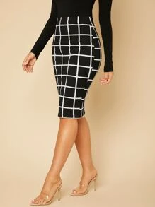 SHEIN Tall Plaid Bodycon Skirt - Black and White - View 5