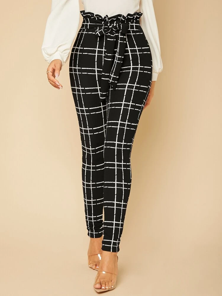 Plaid Paper Bag Waist Skinny Pants