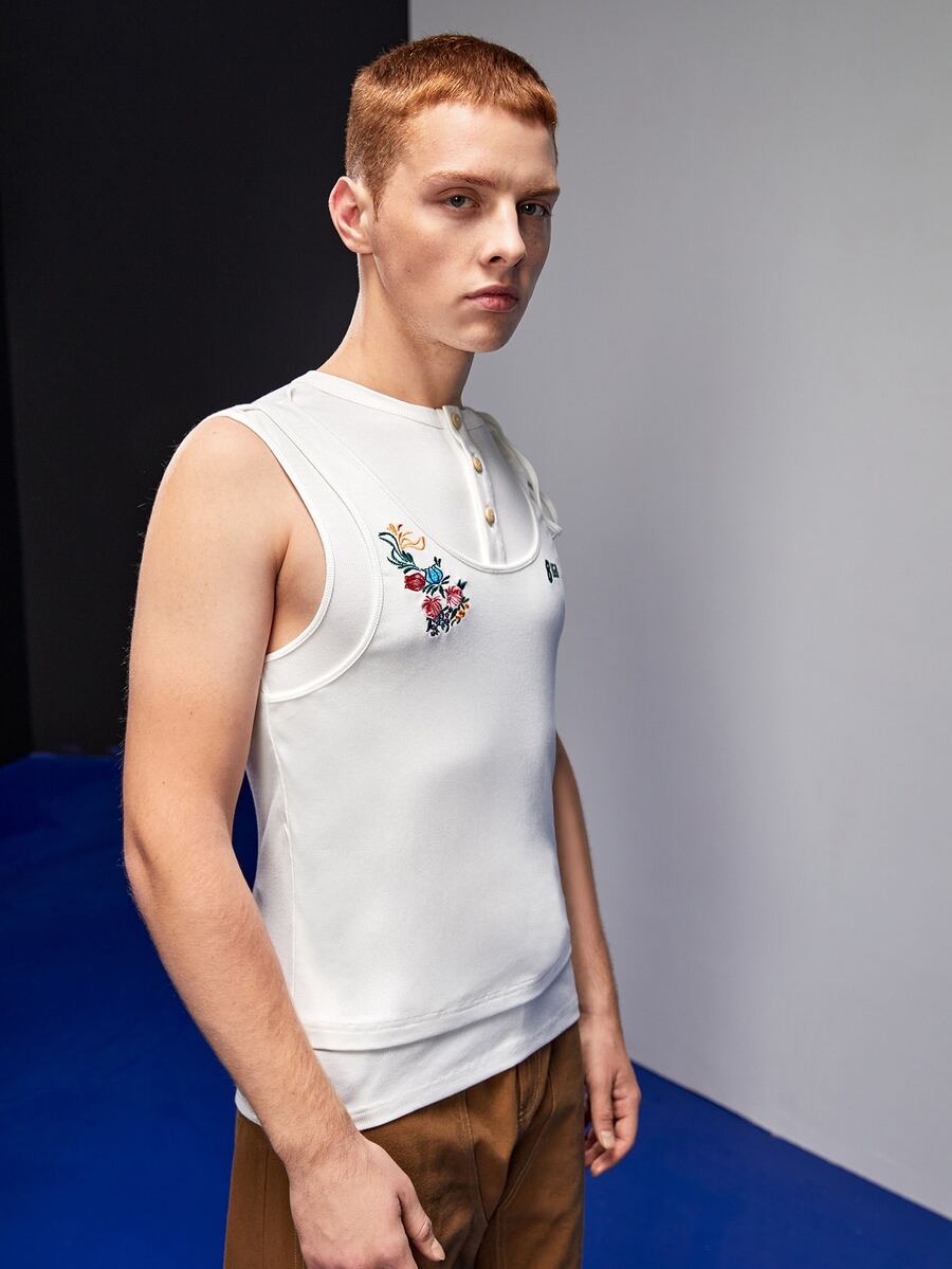 8IGB Hombres Tank con bordado floral de media tapeta con botón - Blanco - Ver 1