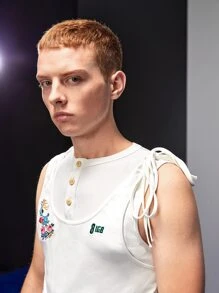 8IGB 男士花卉刺繡紐扣半開襟背心 - 白色 - 查看 4