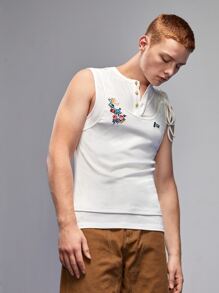 8IGB 男士花卉刺繡紐扣半開襟背心 - 白色 - 查看 5