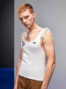 8IGB 男士花卉刺繡紐扣半開襟背心 - 白色 - 查看 6