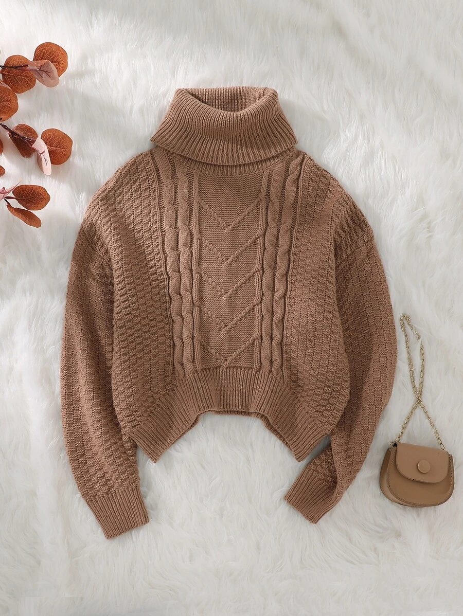 少女羊毛衫,帶纜繩針織立領毛衣 - 駝色 - 查看 1