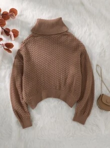 少女羊毛衫,帶纜繩針織立領毛衣 - 駝色 - 查看 2