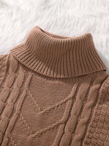 少女羊毛衫,帶纜繩針織立領毛衣 - 駝色 - 查看 3