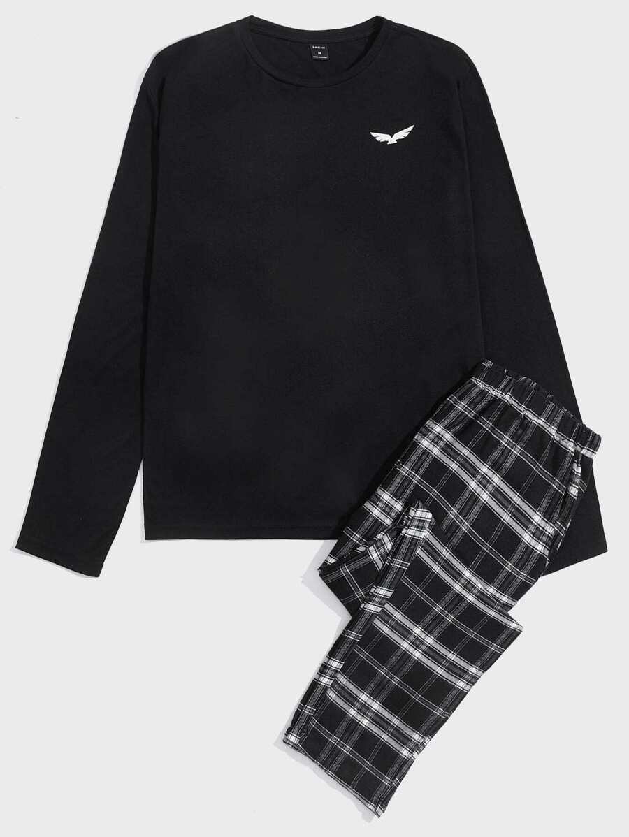 SHEIN Men Wings Print Tee & Tartan Pants Lounge Set