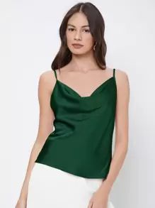 BizChic 女士无袖缎面吊带背心，浪漫优雅纯色休闲商务通勤装，适合办公室、日常、秋季 - 墨綠色 - 查看 6