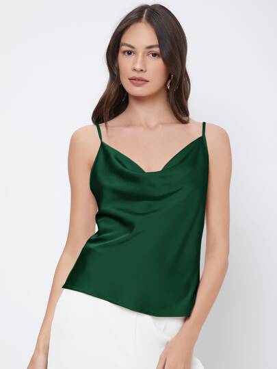 BizChic 2025 Autumn Women's Solid Color Draped Neck Satin Camisole, Romantic Elegant Versatile Business Casual Commuter Blouse, Office Lady Outfit, Teacher Uniform, Basic Top