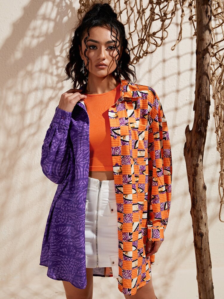 SHEIN VCAY เสื้อผู้หญิง ไหล่ตก งานปักผ้า ลายบล็อกสี - มัลติคัลเลอร์ - ดู 1