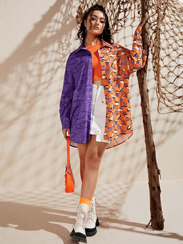SHEIN VCAY เสื้อผู้หญิง ไหล่ตก งานปักผ้า ลายบล็อกสี - มัลติคัลเลอร์ - ดู 3