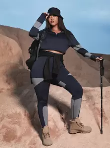 SHEIN Yoga Futuristic Conjunto deportivo de color combinado cremallera media con puntada - Multicolor - Ver 1