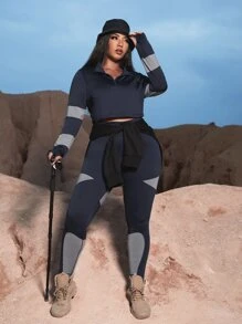 SHEIN Yoga Futuristic Conjunto deportivo de color combinado cremallera media con puntada - Multicolor - Ver 4