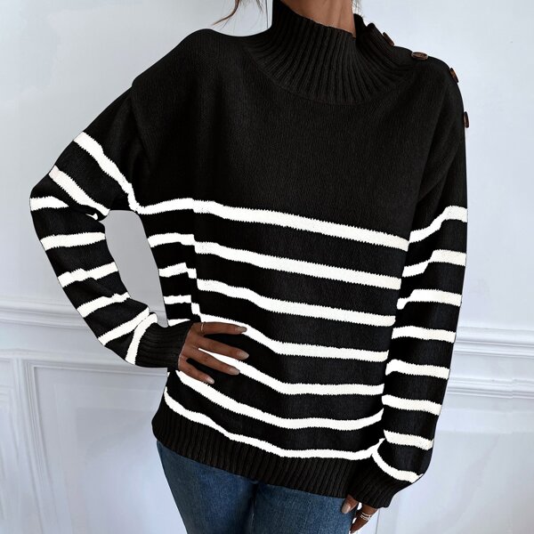 

Striped Pattern Drop Shoulder Sweater, Black and white