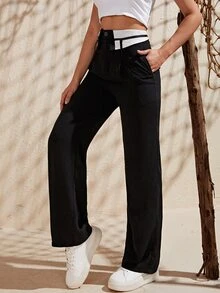 SHEIN Pantalones rectos de cintura doblada - Negro - Ver 4