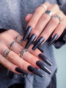 24pcs Long Coffin Fake Nail & 1pc Nail File & 1sheet Tape & 1pc Stick - Black - View 1