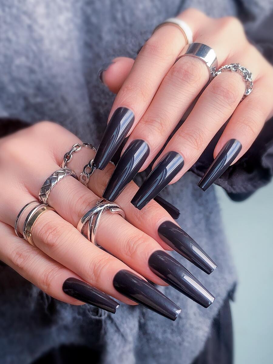 24pcs Long Coffin Fake Nail & 1pc Nail File & 1sheet Tape & 1pc Stick - Black - View 1