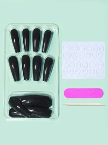 24pcs Long Coffin Fake Nail & 1pc Nail File & 1sheet Tape & 1pc Stick - Black - View 2