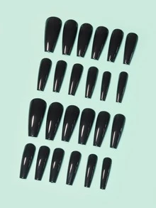 24pcs Long Coffin Fake Nail & 1pc Nail File & 1sheet Tape & 1pc Stick - Black - View 3