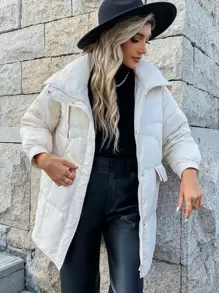 SHEIN LUNE 落肩袖前拉鏈羽絨服 - 米色 - 查看 1