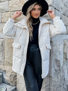 SHEIN LUNE 落肩袖前拉鏈羽絨服 - 米色 - 查看 3