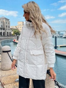 SHEIN LUNE 落肩袖前拉鏈羽絨服 - 米色 - 查看 4