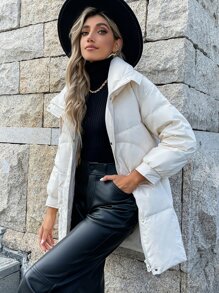 SHEIN LUNE 落肩袖前拉鏈羽絨服 - 米色 - 查看 5