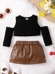 Baby Cold Shoulder Tee & Fake Button PU Leather Skirt