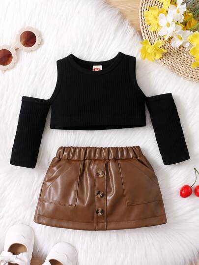 Baby Cold Shoulder Tee & Fake Button PU Leather Skirt