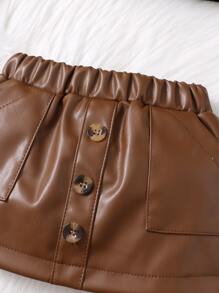 Baby Cold Shoulder Tee & Fake Button PU Leather Skirt