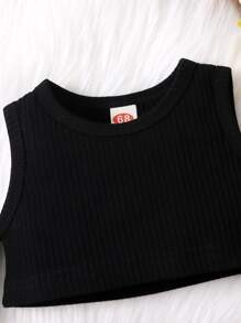 Baby Cold Shoulder Tee & Fake Button PU Leather Skirt