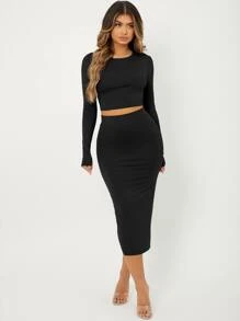 Radiana Solid Slim Fit Crop Top & High Waist Pencil Skirt - Black - View 3