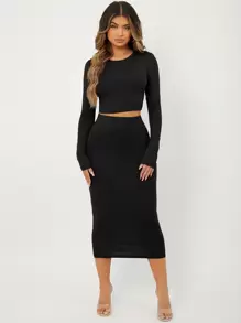Radiana Solid Slim Fit Crop Top & High Waist Pencil Skirt - Black - View 4