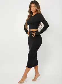 Radiana Solid Slim Fit Crop Top & High Waist Pencil Skirt - Black - View 5