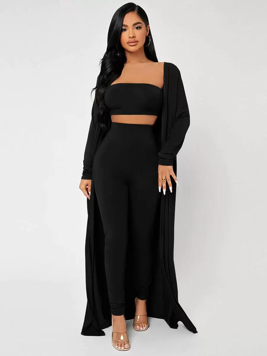 SHEIN SXY Bộ đồ hai mảnh nữ màu trơn Giải trí - màu đen - Xem 1
