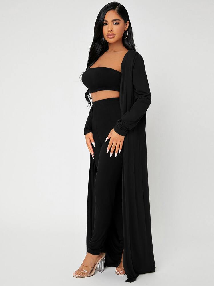 SHEIN SXY 開門襟外套和抹胸上衣和緊身打底褲 - 黑色 - 查看 3