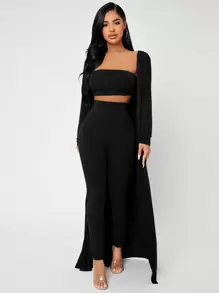 SHEIN SXY Bộ đồ hai mảnh nữ màu trơn Giải trí - màu đen - Xem 4