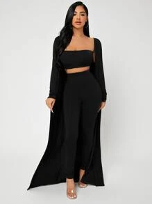 SHEIN SXY Bộ đồ hai mảnh nữ màu trơn Giải trí - màu đen - Xem 5