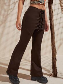 SHEIN EZwear Lace Up Front Flare Leg Pants - Chocolate Brown - View 3
