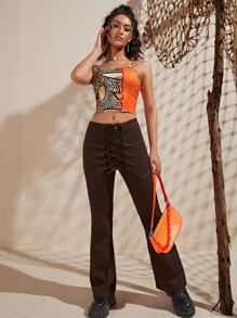 SHEIN EZwear Lace Up Front Flare Leg Pants - Chocolate Brown - View 4