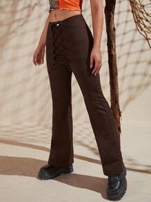 SHEIN EZwear Lace Up Front Flare Leg Pants - Chocolate Brown - View 5