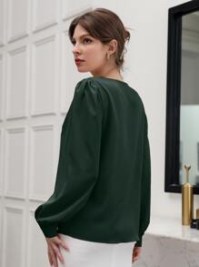 Modelyn Puff Sleeve Solid Blouse - Dark Green - View 2