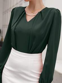 Modelyn Puff Sleeve Solid Blouse - Dark Green - View 3