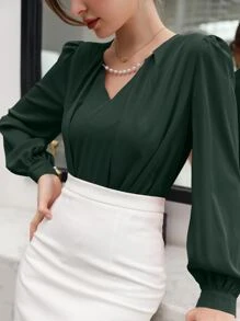 Modelyn Puff Sleeve Solid Blouse - Dark Green - View 4